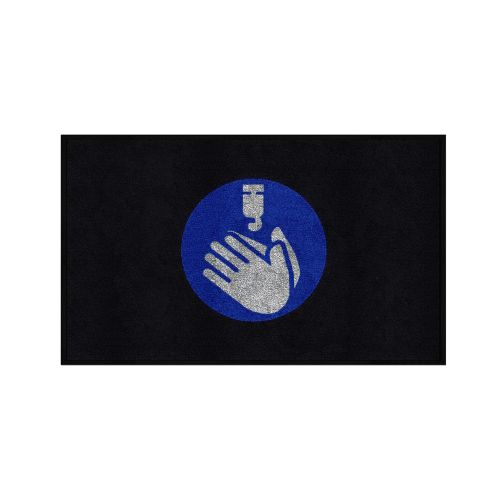 M+A Matting® Use Hand Sanitizer Logo Mat 3x5B Black Background Design 3017625, Gray and Blue Logo